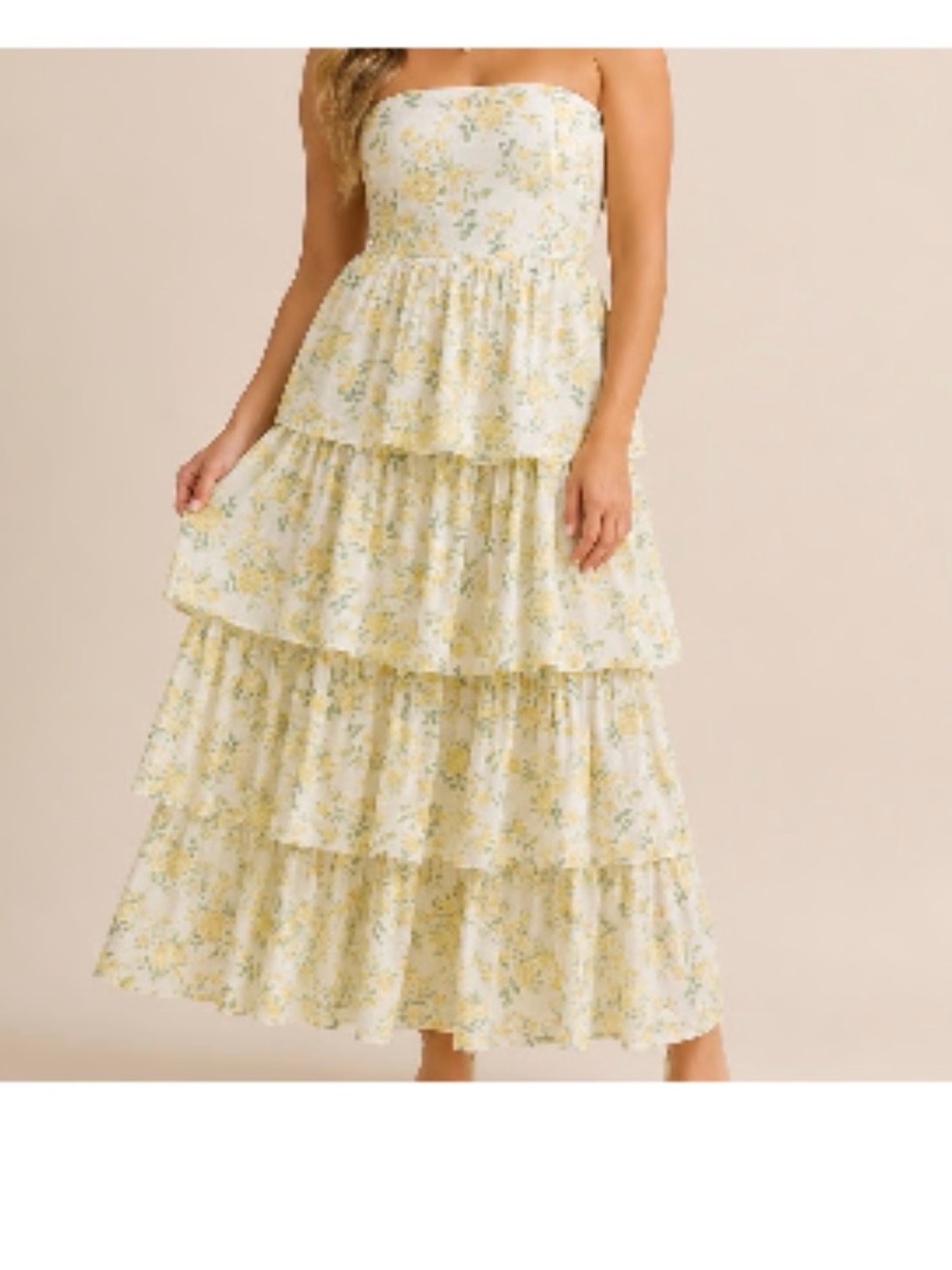 Altar'd State Strapless Yellow Floral Tiered Maxi Dress